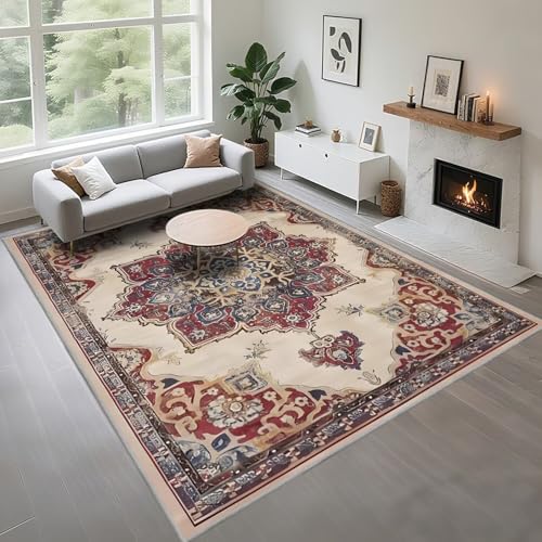 Kunsen Waschbar Teppich Dekoration Wohnzimmer 180X200Cm Beige Rot, Kurzflor Vintage Blumen Für Schlafzimmer Esszimmer Kunsen Waschbar Teppich Dekoration Wohnzimmer 180X200Cm Beige Rot, Kurzflor Vintage Blumen Für Schlafzimmer Esszimmer von Kunsen