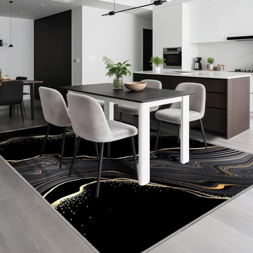 Kunsen Waschbar Tisch Esszimmer Teppich 140X200Cm Schwarz Gelb, Kurzflor Abstrakte Streifen Für Wohnzimmer Flur Im Freien von Kunsen