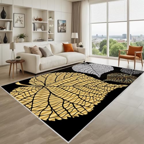 Kunsen Waschbar Wohnzimmer Teppich Schwarz Gelb 100X200Cm, Kurzflor Große Blätter Für Flur Küche Schlafzimmer Kunsen Waschbar Wohnzimmer Teppich Schwarz Gelb 100X200Cm, Kurzflor Große Blätter Für Flur Küche Schlafzimmer von Kunsen