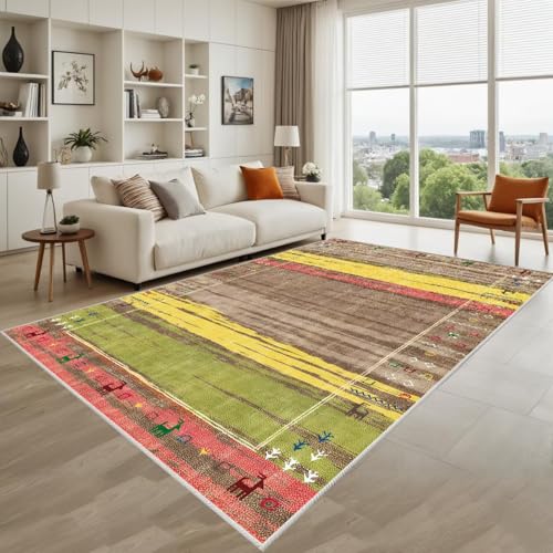 Kunsen Waschbare Wohnzimmerteppich Braun, Gelb, Grün 80X120Cm Kurzflor Retro-Design Für Schlafzimmerflur von Kunsen