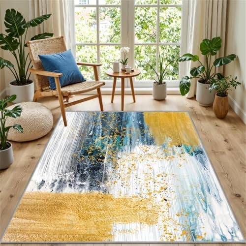 Kunsen Waschbarer Wohnzimmerteppich Gelb,Blau 160X280Cm, Kurzflor Abstrakter Stil Für Büro Esszimmer Kinderzimmer Kunsen Waschbarer Wohnzimmerteppich Gelb,Blau 160X280Cm, Kurzflor Abstrakter Stil Für Büro Esszimmer Kinderzimmer von Kunsen