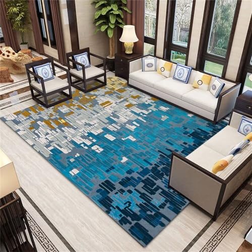 Kunsen waschbare teppiche Abstrakter, geometrischer, Rutschfester Teppich mit niedrigem Flor Teppich mit Muster Blau Teppich Teenager mädchen 120X180CM von Kunsen