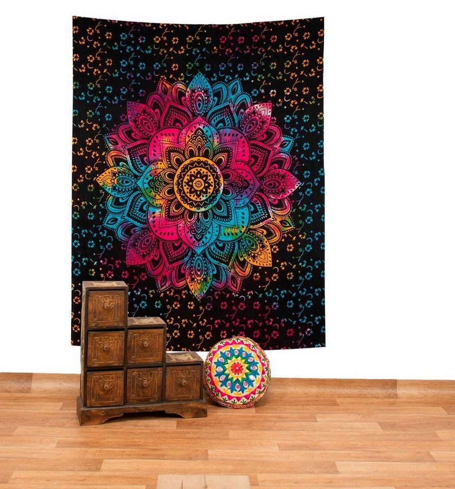 Wandteppich Tagesdecke Wandbehang Buntes Tuch Lotus Mandala ca. 200 x 135 cm, KUNST UND MAGIE von KUNST UND MAGIE