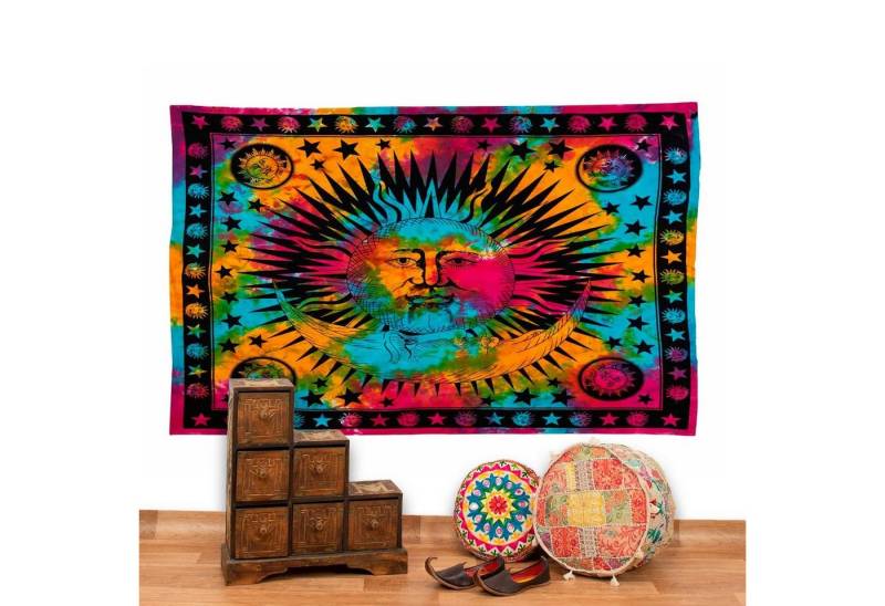 KUNST UND MAGIE Wandteppich Tagesdecke Wandbehang Bunt Sonne Mond und Sterne Hippie ca.200 x 140cm von KUNST UND MAGIE