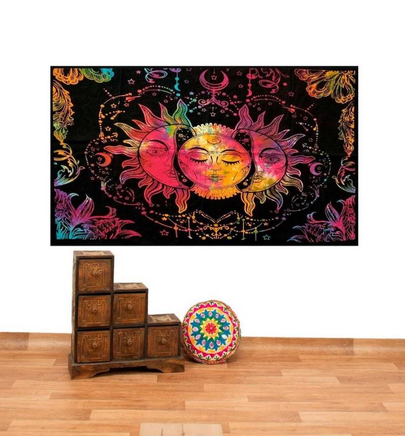 KUNST UND MAGIE Wandteppich Tagesdecke Wandbehang Bunt Sonne Mond und Sterne Hippie ca.200 x 140cm von KUNST UND MAGIE