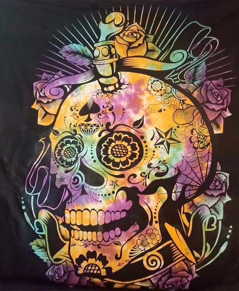 Wandteppich Tagesdecke Wandbehang Totenkopf Deko Tuch Sugar Skull Rose Bunt XL, KUNST UND MAGIE von KUNST UND MAGIE