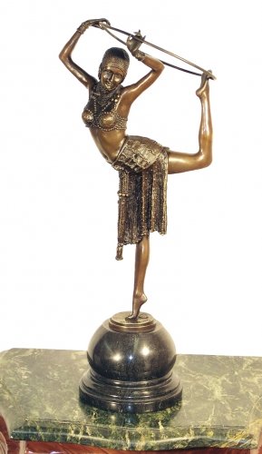 Kunst & Ambiente - Art Déco Tänzerin mit Reif - signiert - Demetre Haralamb Chiparus - Bronzefigur auf Marmor - Skulptur - Deko Figur in Bronze von Kunst & Ambiente