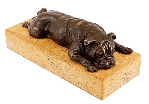 Kunst & Ambiente - Britische Bulldogge auf gelbem Natursteinsockel - Bronzefigur - signiert - Skulptur - Figur - Hund von Kunst & Ambiente