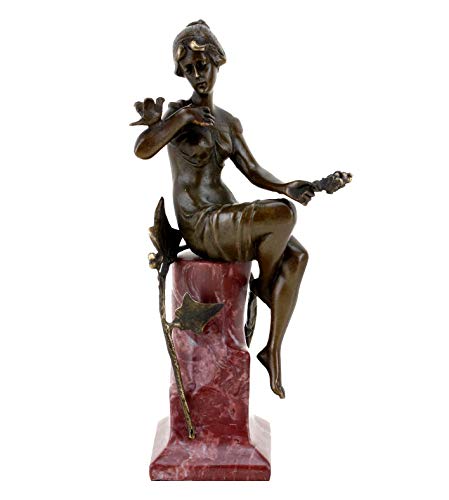 Kunst & Ambiente - Jugendstil Figur aus Bronze - Frau mit Taube - signiert Ferdinand Preiss - roter Marmorsockel - Skulpturen Online kaufen - Wohndeko für Innen und Außen von Kunst & Ambiente