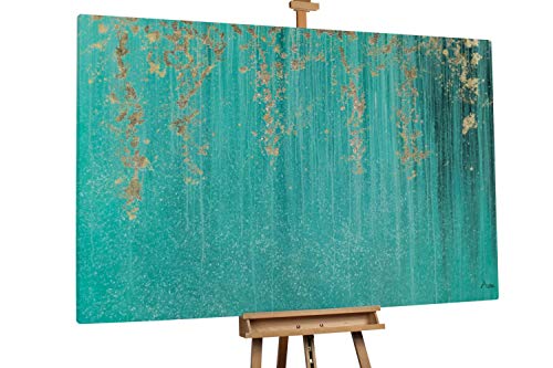 KunstLoft® XXL Gemälde 'Sternenschauer' 180x120cm | original handgemalte Bilder | Kleckse Abstrakt Türkis Gold | Leinwand-Bild Ölgemälde einteilig groß | Modernes Kunst Ölbild von KunstLoft