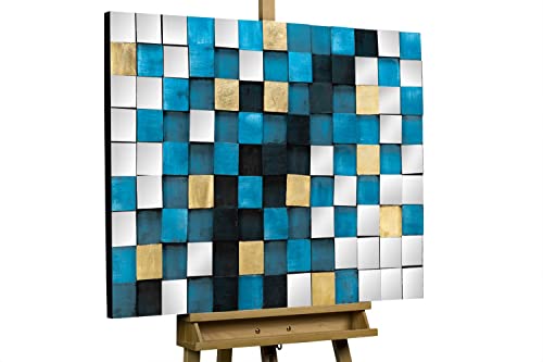 KunstLoft Wanddeko Holz rustikal | 100% HANDGEFERTIGT | 100x75x5cm | Holzbild 'Schimmerndes Meer' | Geometrische Kunst | Blau | Wandbild Holz von KunstLoft