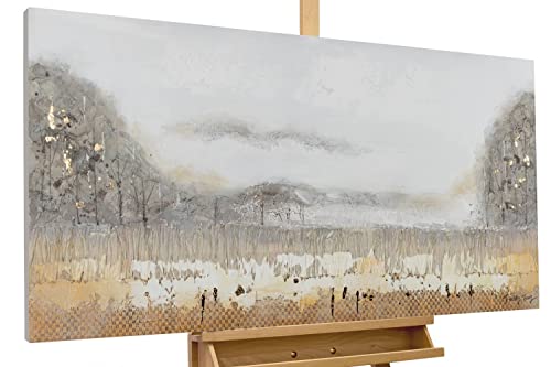 KunstLoft Leinwandbild | 100% HANDGEMALT | 120x60cm | Gemälde 'Mountains in Fog' | Landschaften | Grau Beige | Wandbild Wohnzimmer von KunstLoft