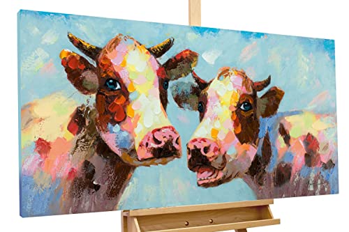 KunstLoft Leinwandbild | 100% HANDGEMALT | 120x60cm | Gemälde 'Tierischer Klatsch' | Kuh | Bunt | Wandbild Wohnzimmer von KunstLoft