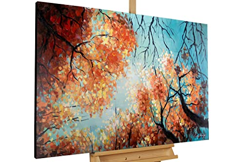 KunstLoft Leinwandbild | 100% HANDGEMALT | 120x75cm | Gemälde 'Tanz der Baumkronen' | Wald & Bäume | Orange Blau | Wandbild Wohnzimmer von KunstLoft