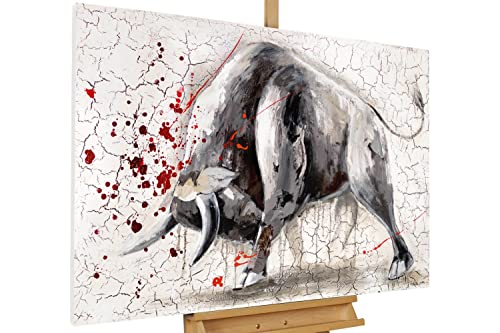 KunstLoft Leinwandbild | 100% HANDGEMALT | 120x80cm | Gemälde 'Stier gegen Matador' | Stier | Grau | Wandbild Wohnzimmer von KunstLoft