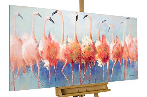 KunstLoft Leinwandbild | 100% HANDGEMALT | 140x70cm | Gemälde 'Tango Twist der Flamingos' | Flamingo | Rosa Blau | Wandbild Wohnzimmer von KunstLoft