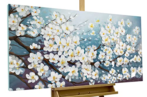 KunstLoft Leinwandbild | 100% HANDGEMALT | 140x70cm | Gemälde 'Glamour in White' | Blüten | Blau Weiß | Wandbild Wohnzimmer von KunstLoft