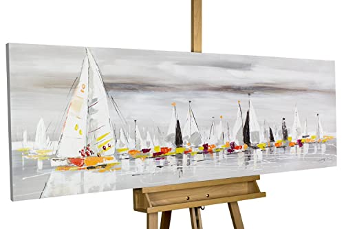 KunstLoft Leinwandbild | 100% HANDGEMALT | 150x50cm | Gemälde 'Durch die sieben Meere' | Schiffe & Boote | Grau | Wandbild Wohnzimmer von KunstLoft