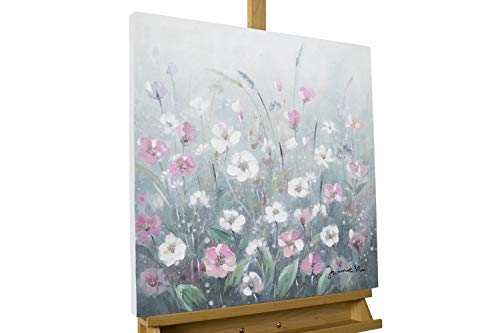 KunstLoft Leinwandbild | 100% HANDGEMALT | 60x60cm | Gemälde 'Flowery Meadow' | Blüten | Grau Weiß | Wandbild Wohnzimmer von KunstLoft