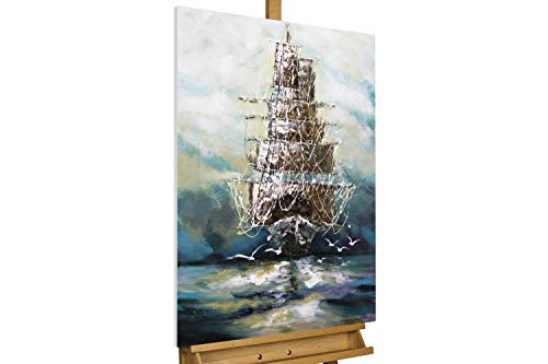 KunstLoft Leinwandbild | 100% HANDGEMALT | 60x90cm | Gemälde 'Ahoi Piratenschiff' | Schiffe & Boote | Blau | Wandbild Wohnzimmer von KunstLoft