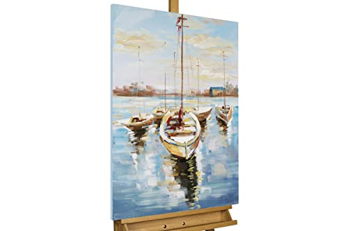 KunstLoft Leinwandbild | 100% HANDGEMALT | 60x90cm | Gemälde 'Hafenromantik' | Schiffe & Boote | Gelb Blau | Wandbild Wohnzimmer von KunstLoft