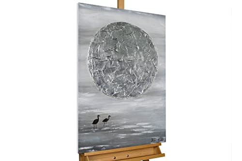 KunstLoft Leinwandbild | 100% HANDGEMALT | 60x90cm | Gemälde 'Silver Moon' | Abstrakt | Grau Silber | Wandbild Wohnzimmer von KunstLoft
