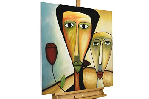 KunstLoft Leinwandbild | 100% HANDGEMALT | 80x80cm | Gemälde 'Amorous Walk' | Gesicht | Gelb Blau | Wandbild Wohnzimmer von KunstLoft
