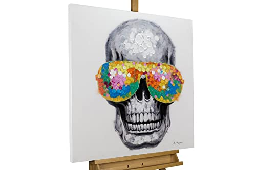 KunstLoft Leinwandbild | 100% HANDGEMALT | 80x80cm | Gemälde 'Funky Totenkopf' | Lifestyle & Fashion | Bunt Grau | Wandbild Wohnzimmer von KunstLoft