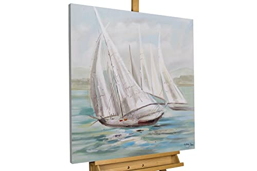 KunstLoft Leinwandbild | 100% HANDGEMALT | 80x80cm | Gemälde 'Riding the Waves' | Schiffe & Boote | Blau Weiß | Wandbild Wohnzimmer von KunstLoft