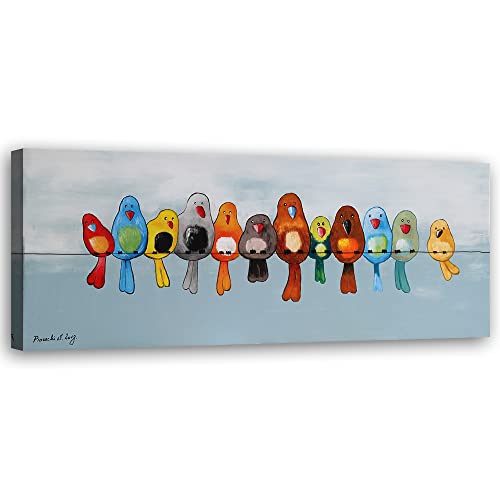 KunstLoft 'Rainbow Chorus on a Wire' Kunstdruck auf Leinwand 120x40 cm Querformat Mixed Media Moderne Wandkunst für Wohnzimmer, Büro, Schlafzimmer von KunstLoft