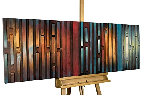 KunstLoft Wanddeko Holz rustikal | 100% HANDGEFERTIGT | 144x44x6cm | Holzbild 'Nachtschimmer' | Abstrakt Streifen | Blau Orange | Wandbild Holz von KunstLoft