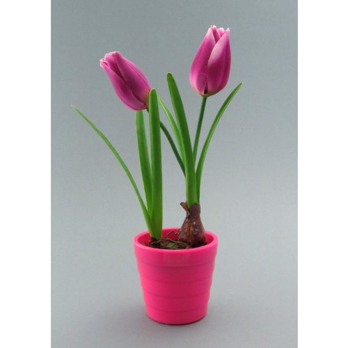 Kunstpflanze, Blume Tulpe, Tulpen LILA ca 23 cm. Im runden Kunststofftopf PINK von Kunstblumen