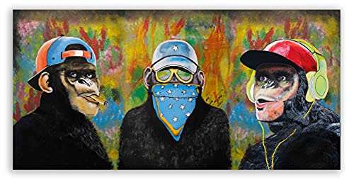 Affenbilder auf Leinwand - drei affen bunt wohnzimmer - Wandbild auf Leinwand banksy like, hochwertige Streetart graffiti Kunstdruck I Wanddekoration XXl fertig zum Aufhängen (20x40 cm) von Kunstbruder