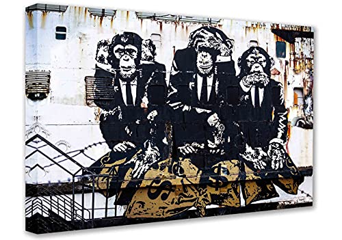 Banksy Bilder Leinwand Affen Monkey Business I Graffiti Street Art, kunstdrucke fertig zum aufhängen (div.Formaten) wandbilder Affenbilder Leinwandbild von AFFE Deko (100x150 cm) von Kunstbruder