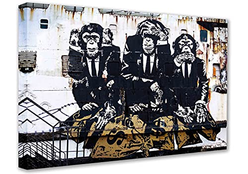 Banksy Bilder Leinwand Affen Monkey Business I Graffiti Street Art, kunstdrucke fertig zum aufhängen (div.Formaten) wandbilder Affenbilder Leinwandbild von AFFE Deko (120x170 cm) von Kunstbruder