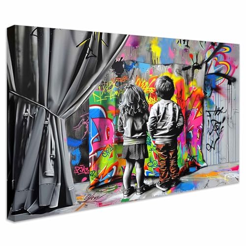 Banksy Bilder Leinwand Wandkunst Graffiti Boy and Girl- Komplett Aufhängefertig, Strassen Kunst-Graffiti-Wohnzimmer Büro, moderne Leinwand Mood bilder (boygirlpaint, 70x100 cm) von Kunstbruder