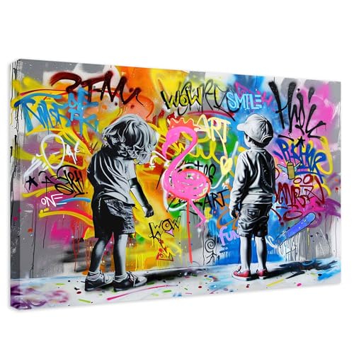 Banksy Bilder Leinwand Wandkunst Graffiti Boy and Girl- Komplett Aufhängefertig, Strassen Kunst-Graffiti-Wohnzimmer Büro, moderne Leinwand Mood bilder (boygirlpaint2, 60x80 cm) von Kunstbruder