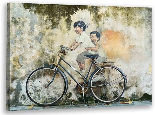 Banksy - Bilder Leinwandbild Kunstdruck Glückliche kinder mit Fahrrad/Wanddekoration für Wohnzimmer/Wand Bild fertig zum aufhängen (60x80 cm) von Kunstbruder