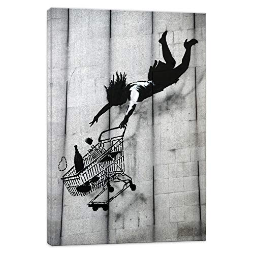 Banksy Kunstdruck - Einkaufswagen im freien Fall 30x40cm - Bilder Leinwanddrucke/Wandbilder Street art Graffiti Kunstdruck 2cm (div.Größen) - Leinwandbild Wandbild/fertig zum aufhängen von Kunstbruder