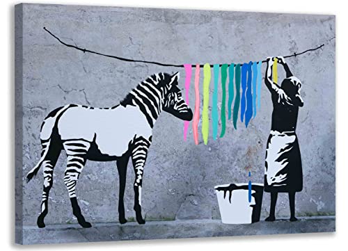Banksy Leinwand Bilder Zebra Bunt Grau/Wandbilder Pop Art Streetart Kunstdruck/Leinwandbild fertig zum Aufhängen (60x80 cm) von Kunstbruder