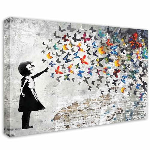 Banksy Leinwand Wandkunst Mädchen mit schmetterlinge Grau - Komplett Aufhängefertig, Strassen Kunst-Graffiti-Wanddekoration art, moderne Leinwand Mood bilder (50x70 cm) von Kunstbruder
