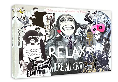 Banksy Leinwandbilder Collage Realx we are Crazy/Wandbilder auf Leinwand kunstdruck, fertig zum aufhängen/Street art affen grafitti kunst (80x120 cm) von Kunstbruder