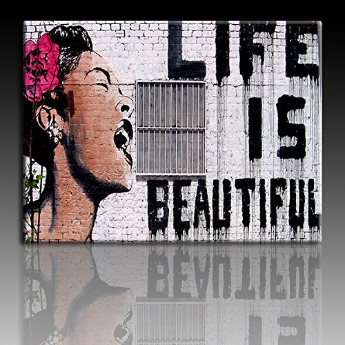 Druck auf leinwand Banksy Graffiti - Bild Life is Beautiful ! (div. größen) Bild fertig auf Keilrahmen ! Pop Art Gemälde Kunstdrucke, Wandbilder, Bilder (80x120cm) von Kunstbruder