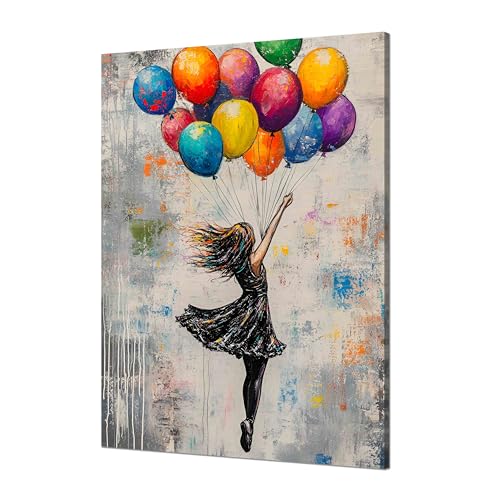 Kunstbruder© Wandbilder Banksy Gross hochkant Schlafzimmer Home Deko Wohnung Bild Wohnzimmer Bilder Leinwand Graffiti kunstdruck - Bunt gemälde (MädchenMitBallonsColor, 80x120 cm) von Kunstbruder