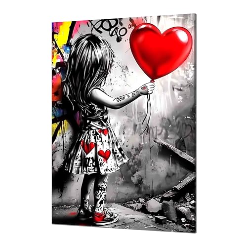 Kunstbruder© Wandbilder Banksy Gross hochkant Schlafzimmer Home Deko Wohnung Bild Wohnzimmer Bilder Leinwand Graffiti kunstdruck - Bunt gemälde (MädchenMitHerzballon, 40x60 cm) von Kunstbruder