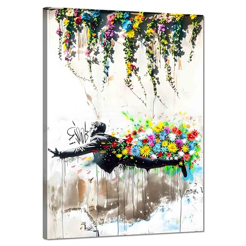 Kunstbruder© Wandbilder Banksy Gross hochkant Schlafzimmer Home Deko Wohnung Bild Wohnzimmer Bilder Leinwand Graffiti kunstdruck - Bunt gemälde (flyingflowermen, 60x80 cm) von Kunstbruder