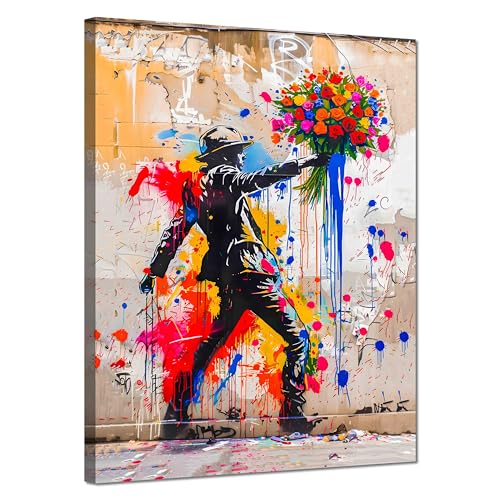 Kunstbruder© Wandbilder Banksy Gross hochkant Schlafzimmer Homed Deko Wohnung Bild Wohnzimmer Bilder Leinwand Graffiti kunstdruck - Bunt gemälde (dancingmanblume, 30x40 cm) von Kunstbruder