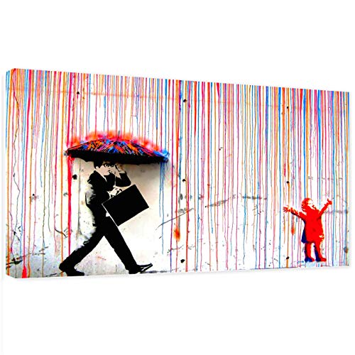 Kunstbruder- Banksy Bilder Men in the Rain, Streetart kunstdruck und Mood Leinwandbild für Wohnzimmer, colorfull Raining fertig zum Aufhängen (div. Formaten) (130x200 cm) von Kunstbruder