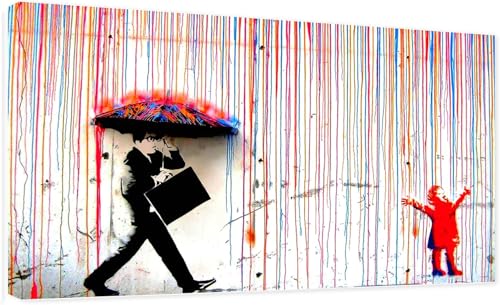 Kunstbruder- Banksy Bilder Men in the Rain, Streetart kunstdruck und Mood Leinwandbild für Wohnzimmer, colorfull Raining fertig zum Aufhängen (div. Formaten) (60x100 cm) von Kunstbruder