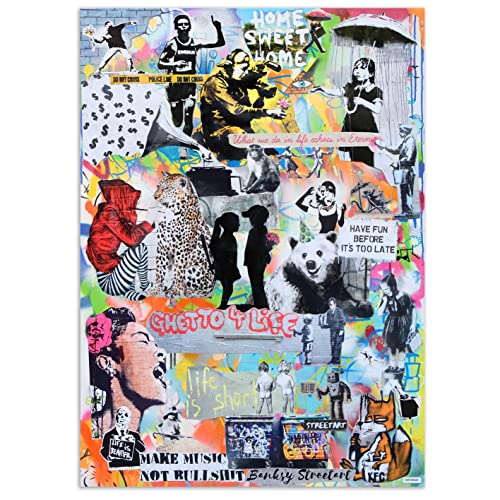 Kunstbruder - Banksy bilder Collage auf Leinwand Ghetto/Streetart FotoCollage Wandbild Kunstdruck graffiti bild/Wanddekoration Leinwandbild fertig zu Aufhängen (60x80 cm) von Kunstbruder